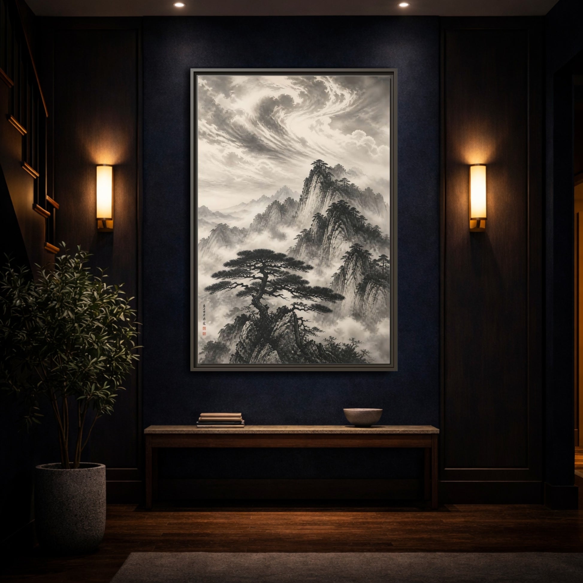 Mockup 4. Nature Mountains Monochrome Mountains shown as stretched canvas wall art