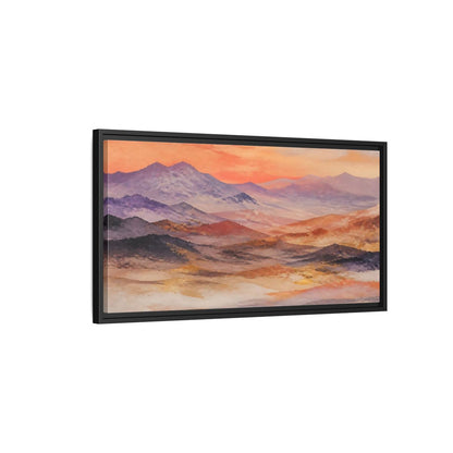 Side Mockup 2. Nature Mountains Orange Purple Gold shown as stretched canvas wall art