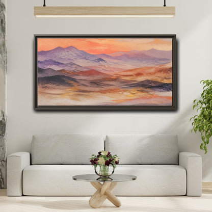 Mockup 2. Nature Mountains Orange Purple Gold shown as stretched canvas wall art