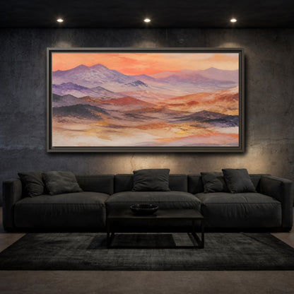 Mockup 3. Nature Mountains Orange Purple Gold shown as stretched canvas wall art