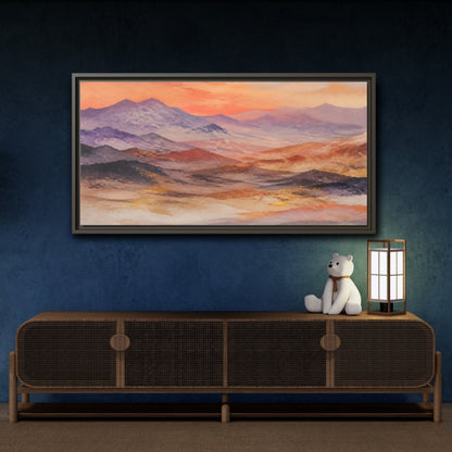 Mockup 4. Nature Mountains Orange Purple Gold shown as stretched canvas wall art