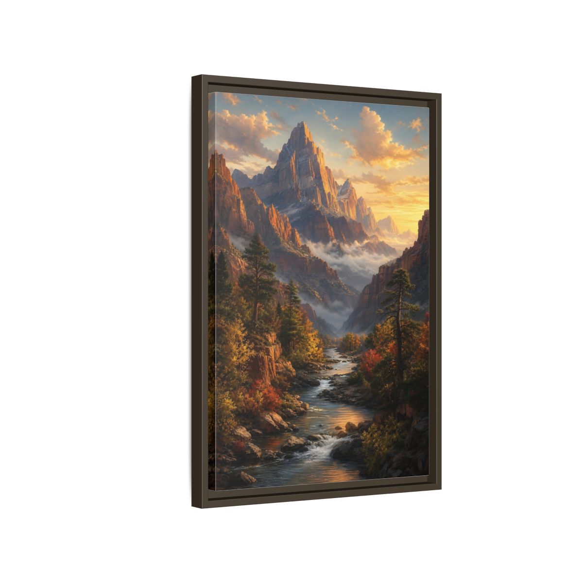 Side Mockup 2. Nature Mountains, River Autumn Mountain Scene shown as stretched canvas wall art