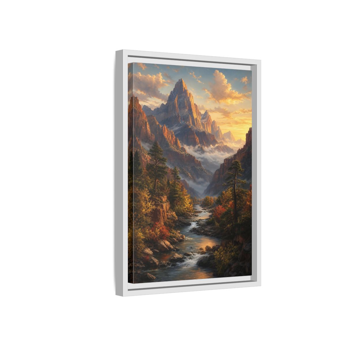 Side Mockup 4. Nature Mountains, River Autumn Mountain Scene shown as stretched canvas wall art