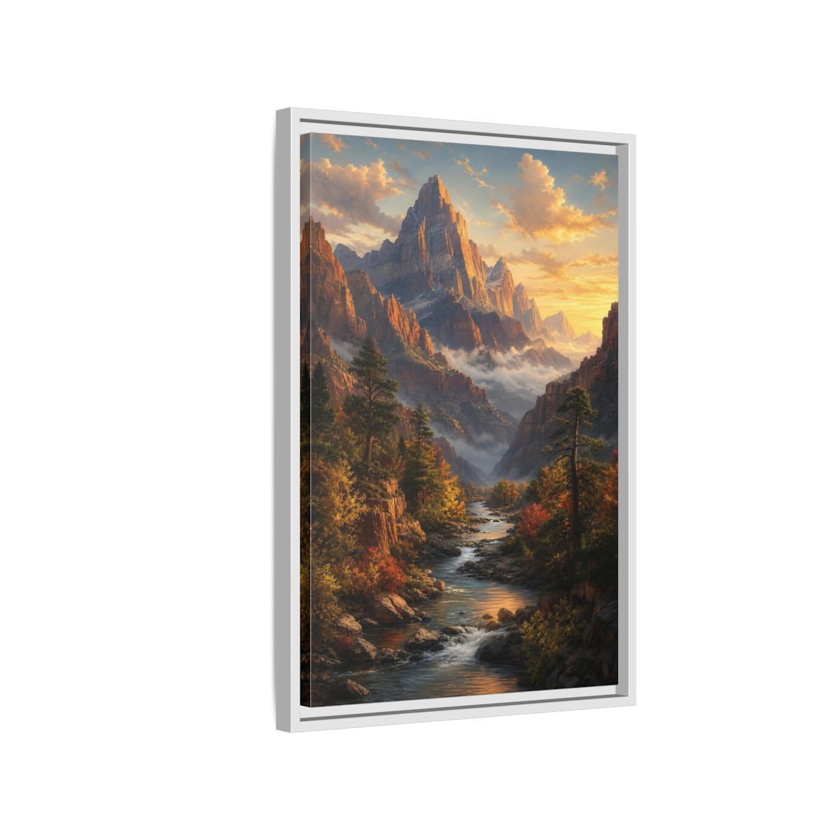 Side Mockup 1. Nature Mountains, River Autumn Mountain Scene shown as stretched canvas wall art