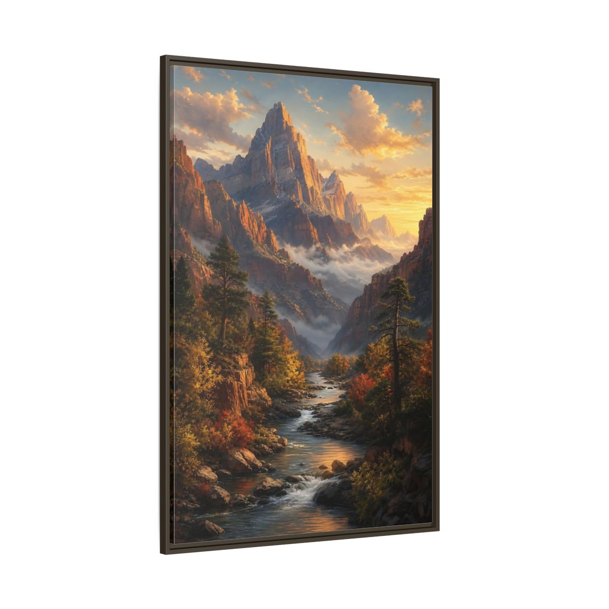 Side Mockup 8. Nature Mountains, River Autumn Mountain Scene shown as stretched canvas wall art