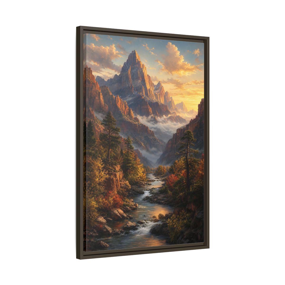 Side Mockup 11. Nature Mountains, River Autumn Mountain Scene shown as stretched canvas wall art