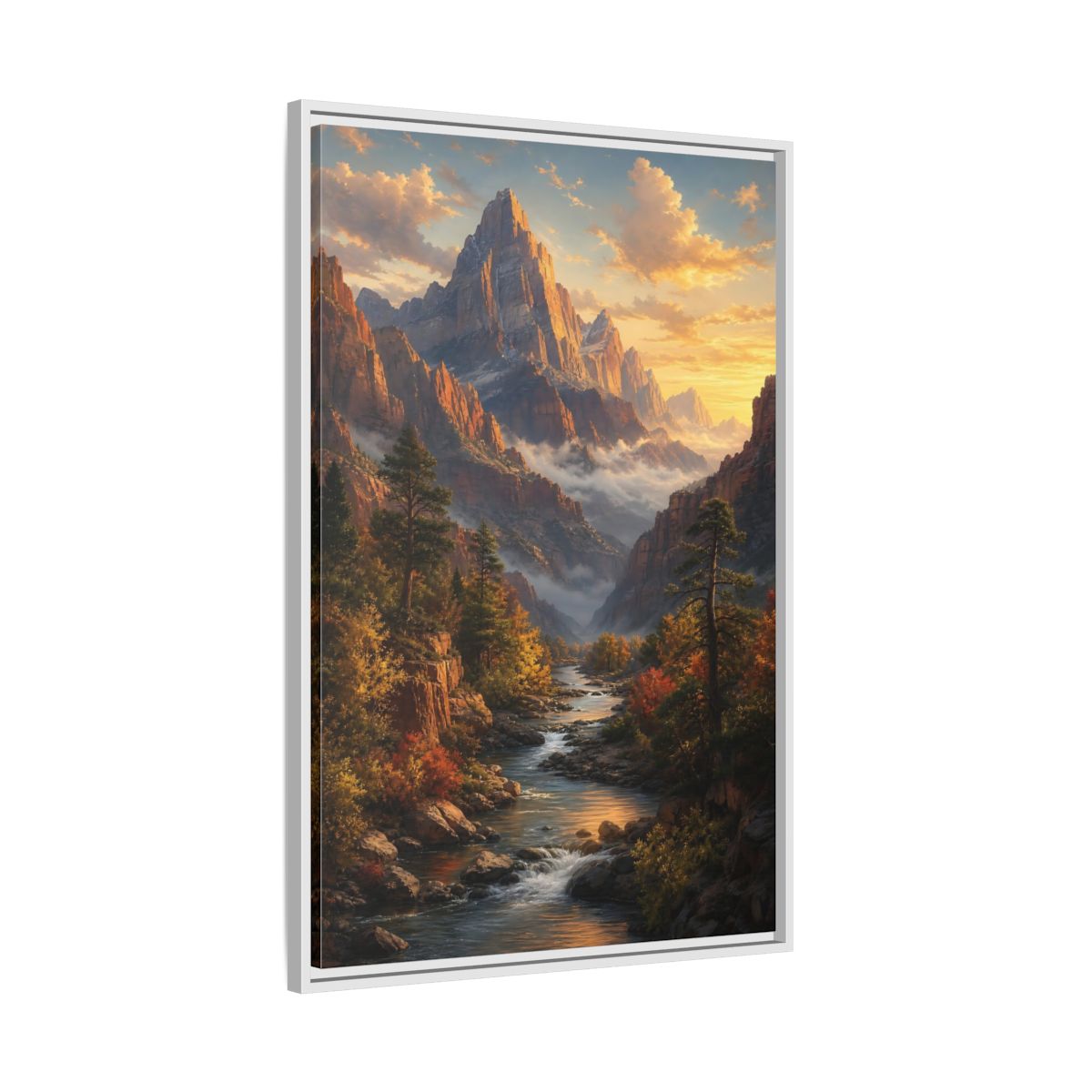 Side Mockup 9. Nature Mountains, River Autumn Mountain Scene shown as stretched canvas wall art
