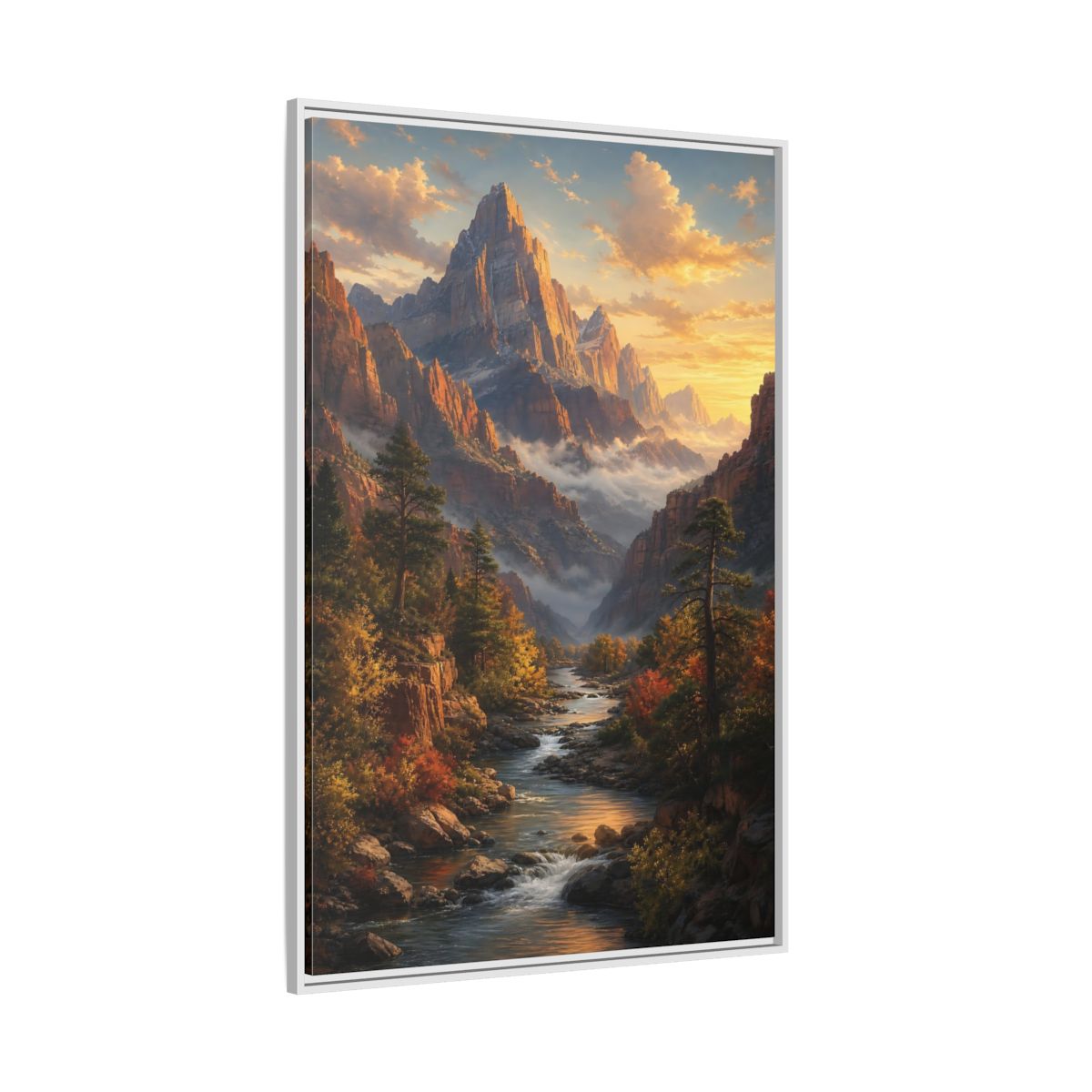 Side Mockup 7. Nature Mountains, River Autumn Mountain Scene shown as stretched canvas wall art