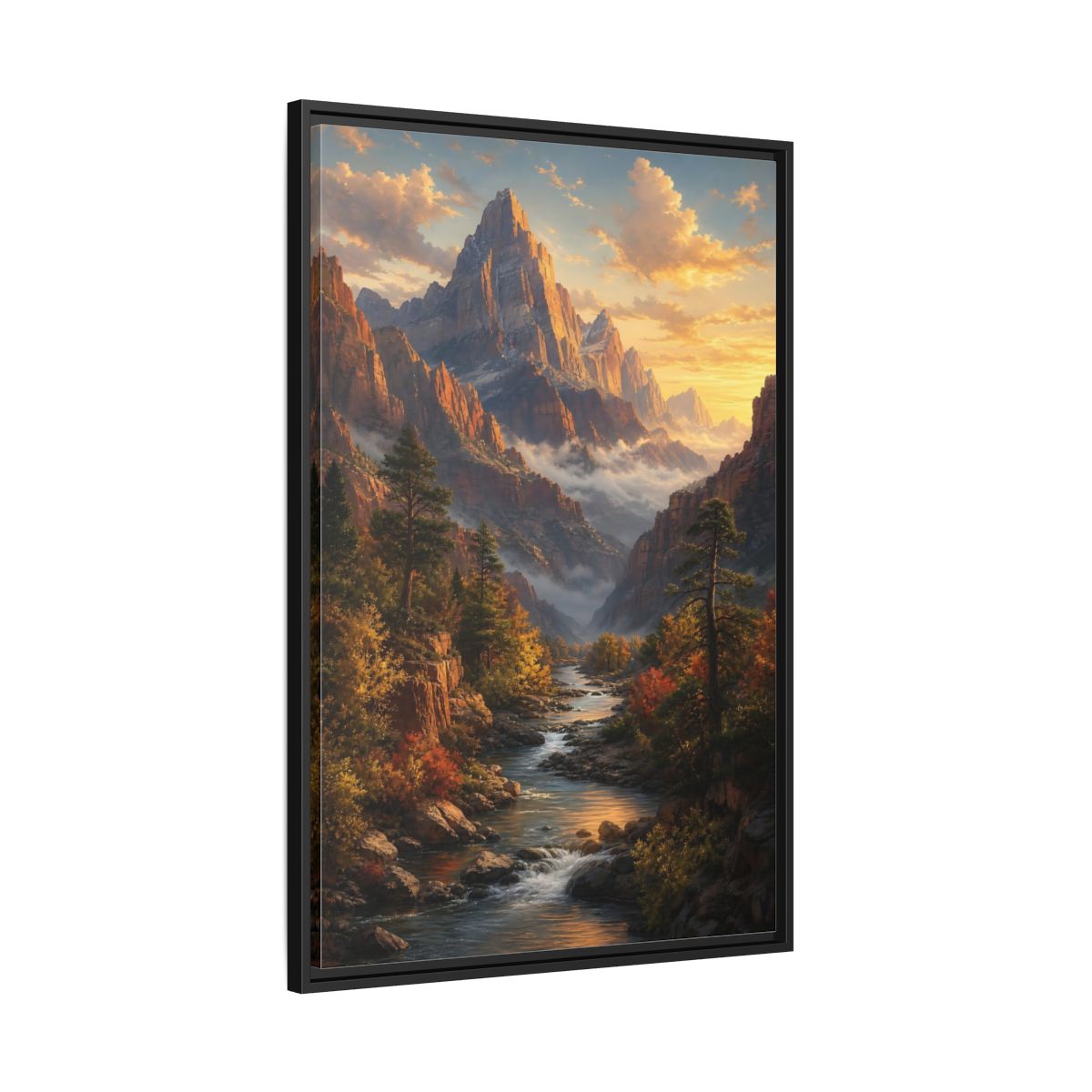 Side Mockup 13. Nature Mountains, River Autumn Mountain Scene shown as stretched canvas wall art
