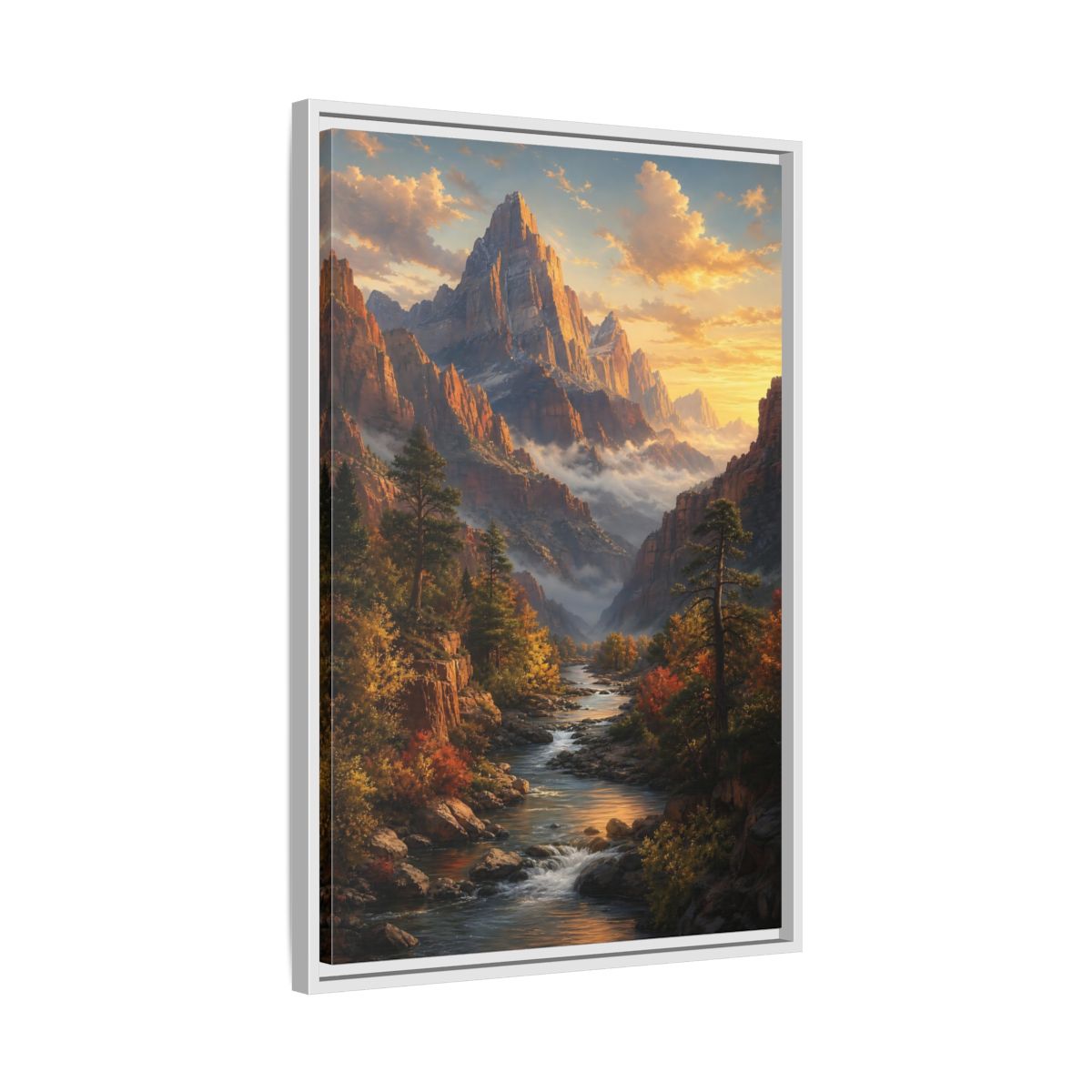 Side Mockup 10. Nature Mountains, River Autumn Mountain Scene shown as stretched canvas wall art