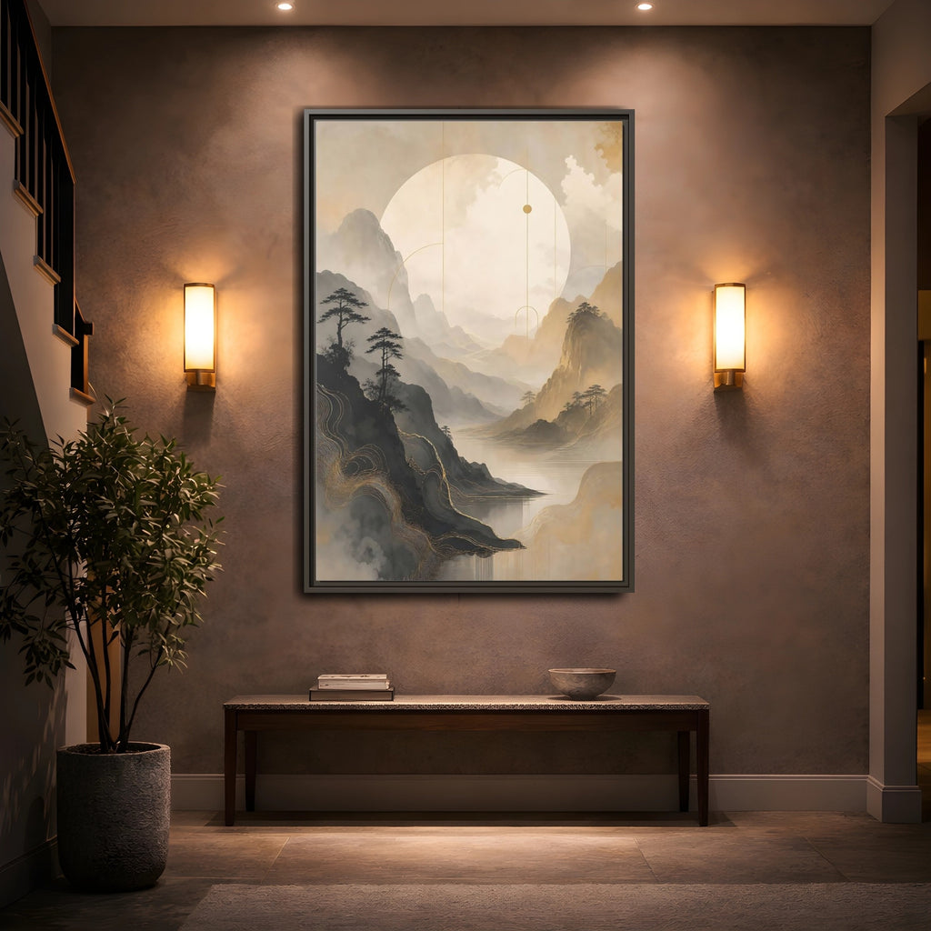 Mockup 2. Nature Mountains, Lake Zen Mountain Landscape shown as stretched canvas wall art