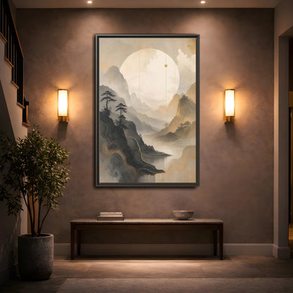 Nature Mountains Lake Zen Landscape Framed Canvas Wall Art - Abstract Living Room Above Sofa shown as canvas wall art