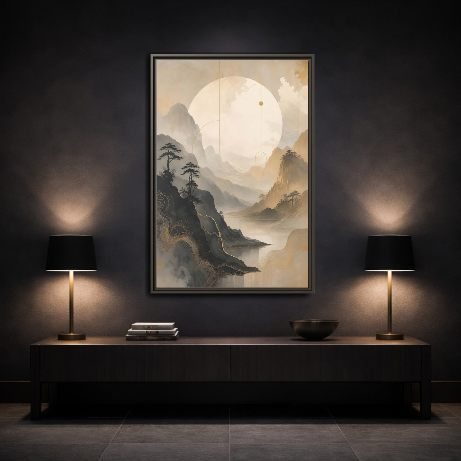 Nature Mountains Lake Zen Landscape Framed Canvas Wall Art - Abstract Living Room Above Sofa shown as canvas wall art