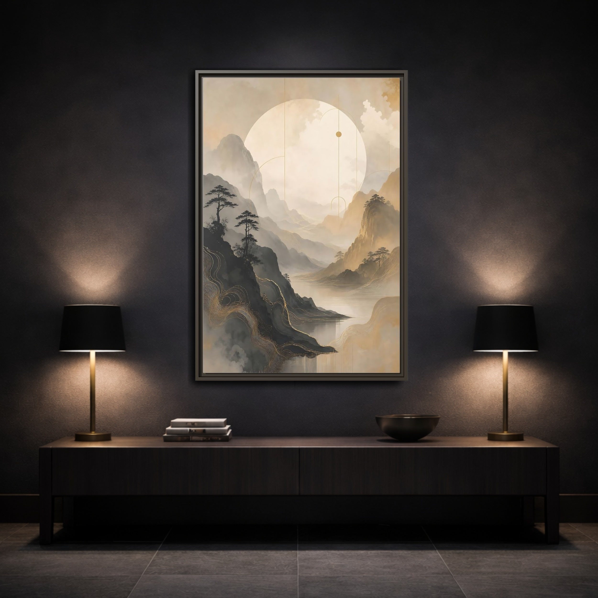 Mockup 3. Nature Mountains, Lake Zen Mountain Landscape shown as stretched canvas wall art