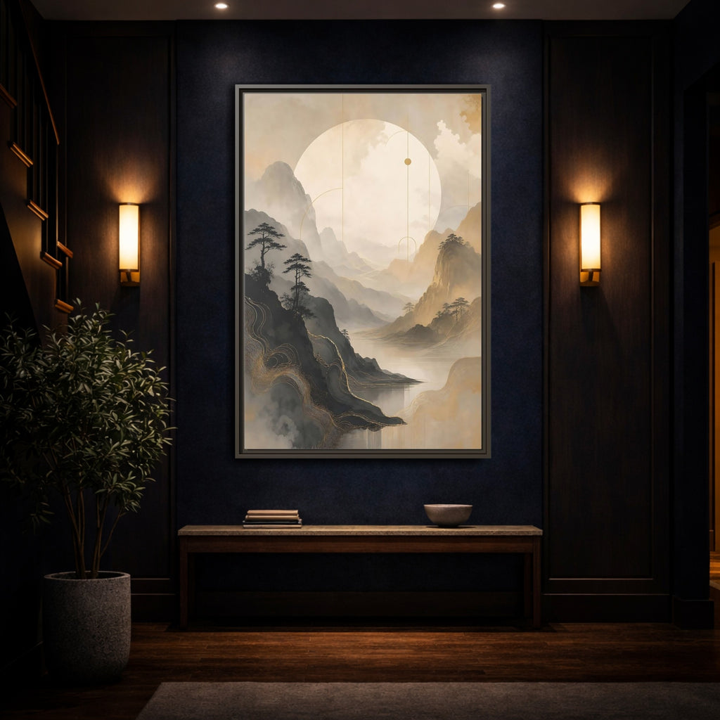 Mockup 4. Nature Mountains, Lake Zen Mountain Landscape shown as stretched canvas wall art