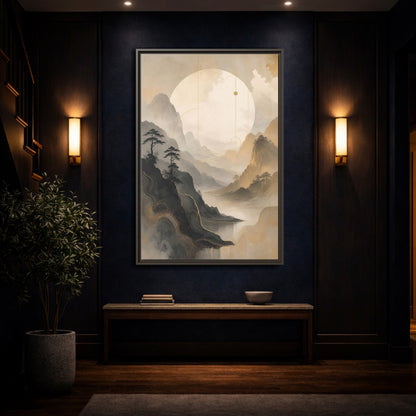 Nature Mountains Lake Zen Landscape Framed Canvas Wall Art - Abstract Living Room Above Sofa shown as canvas wall art