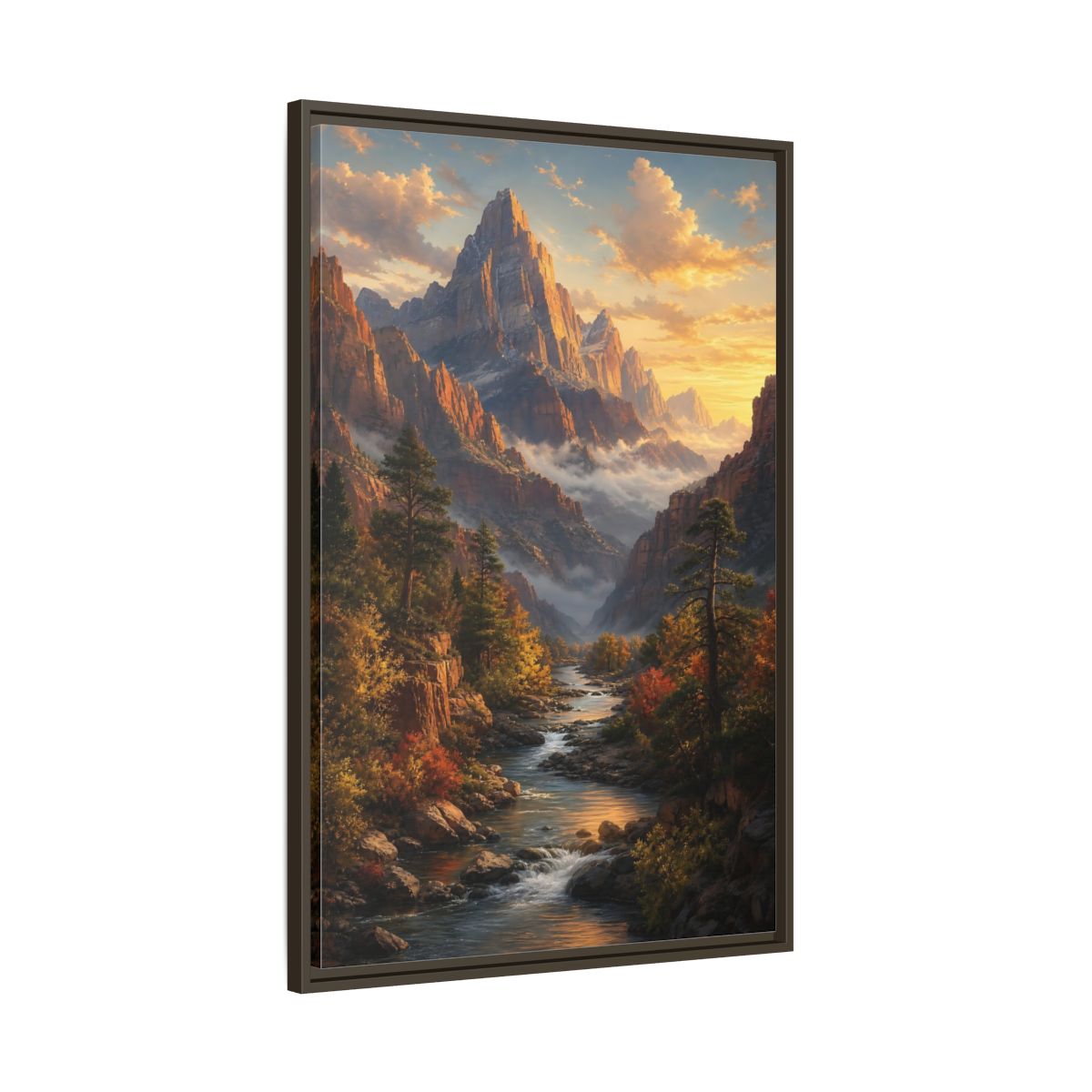 Main Mockup. Nature Mountains, River Autumn Mountain Scene shown as stretched canvas wall art