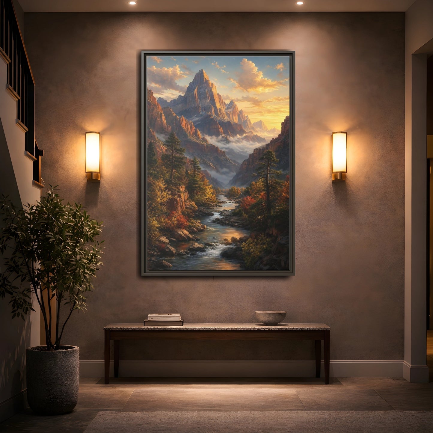 Mockup 2. Nature Mountains, River Autumn Mountain Scene shown as stretched canvas wall art