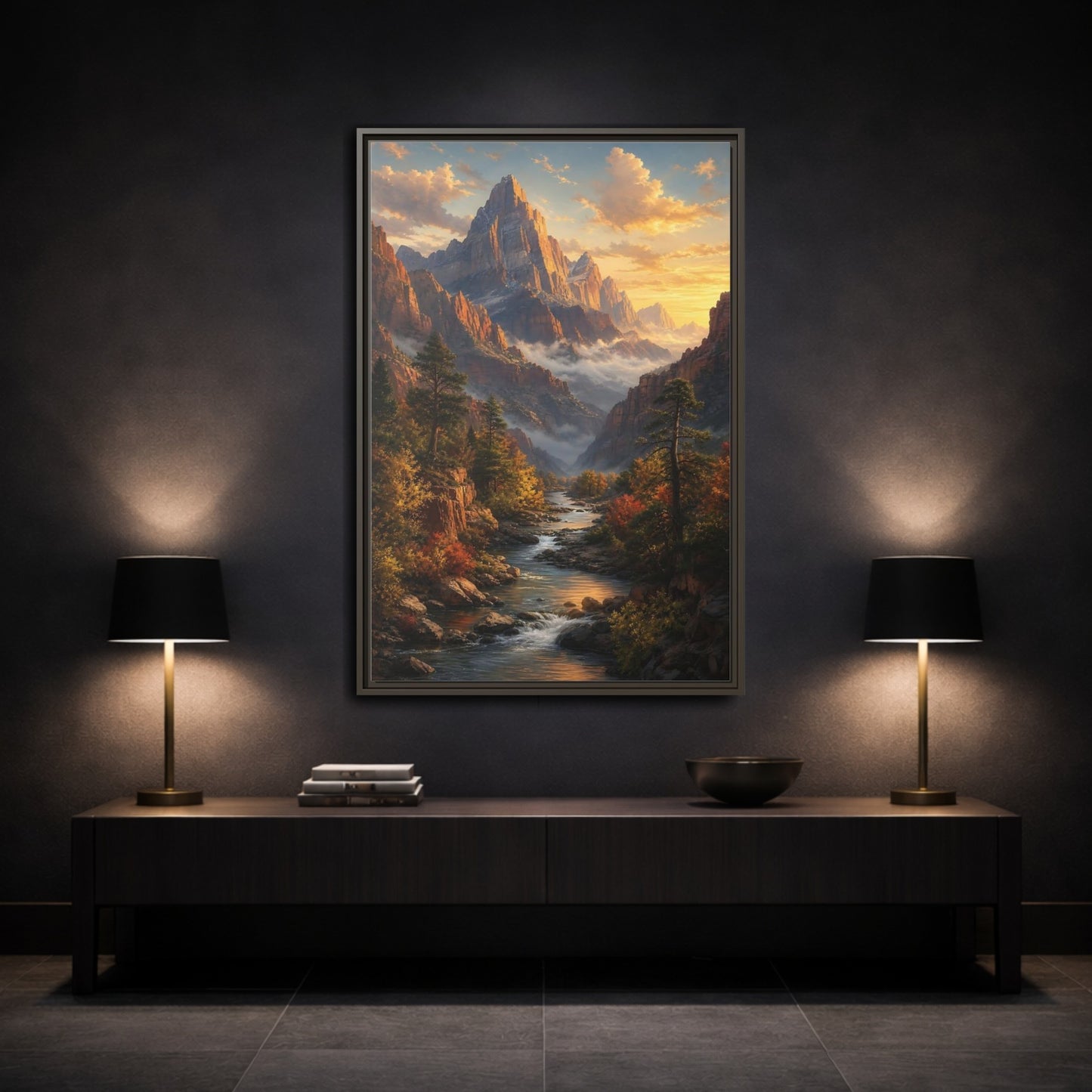 Mockup 3. Nature Mountains, River Autumn Mountain Scene shown as stretched canvas wall art