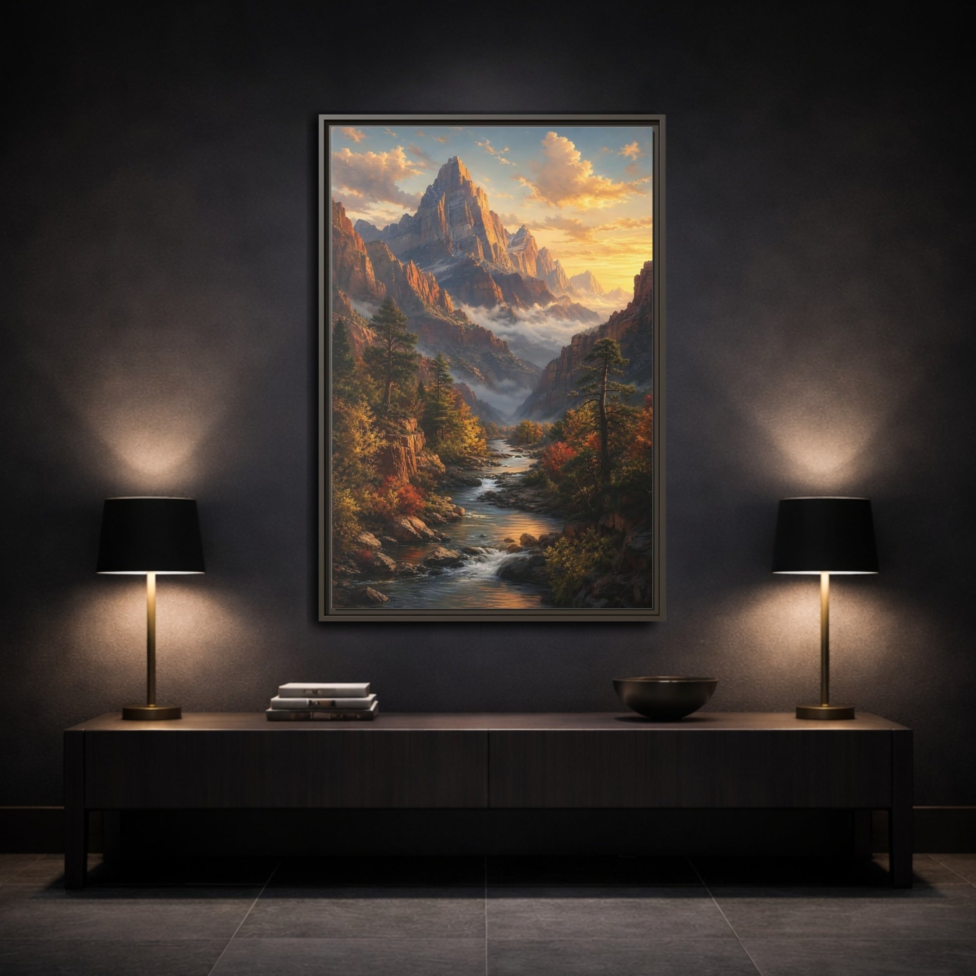 Mockup 3. Nature Mountains, River Autumn Mountain Scene shown as stretched canvas wall art