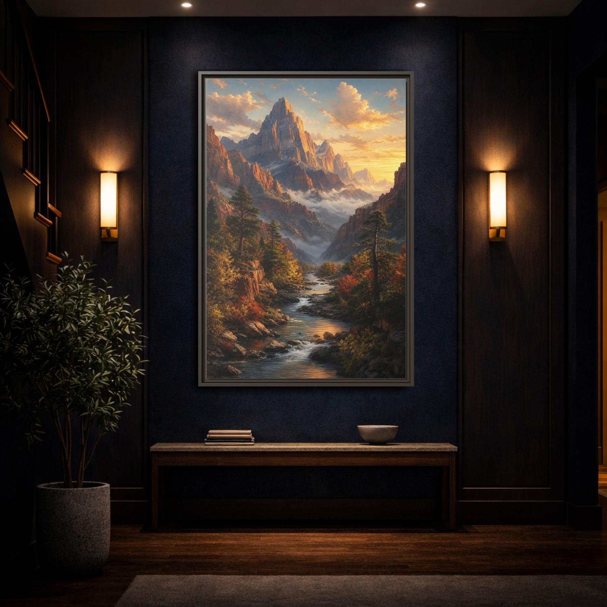 Mockup 4. Nature Mountains, River Autumn Mountain Scene shown as stretched canvas wall art