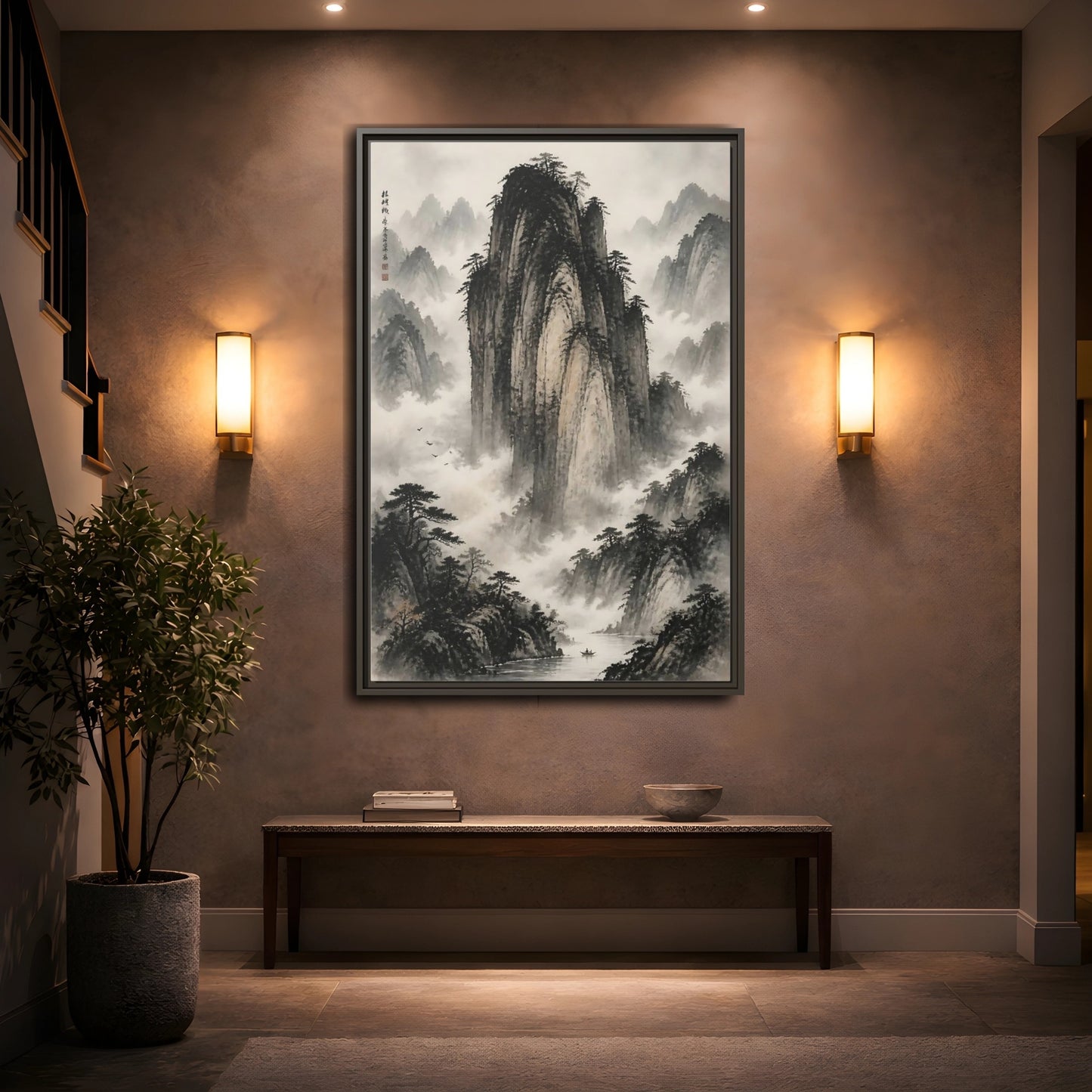 Mockup 2. Nature Mountainscape Black White Mountains shown as stretched canvas wall art