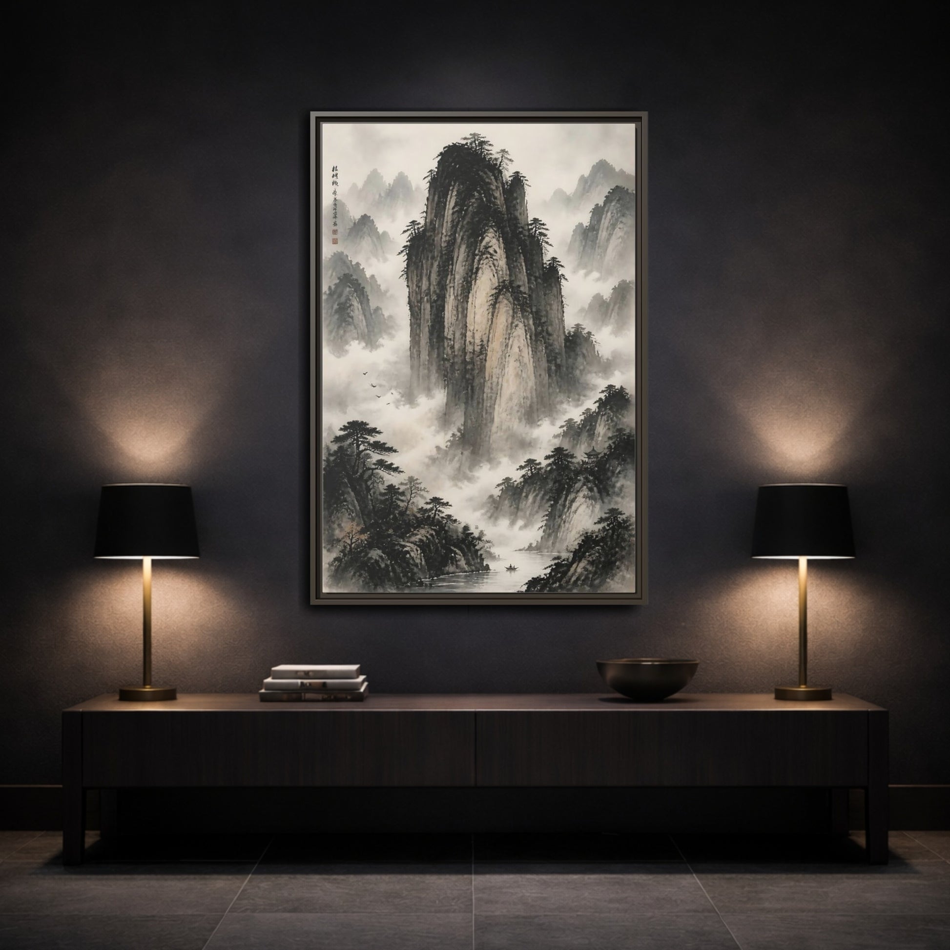 Mockup 3. Nature Mountainscape Black White Mountains shown as stretched canvas wall art