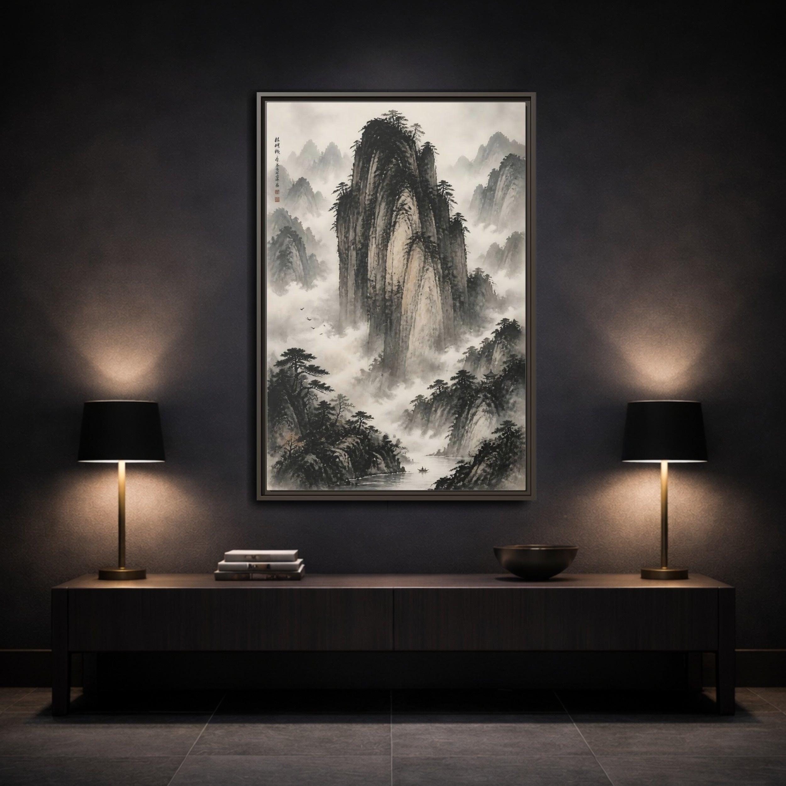 Mockup 3. Nature Mountainscape Black White Mountains shown as stretched canvas wall art