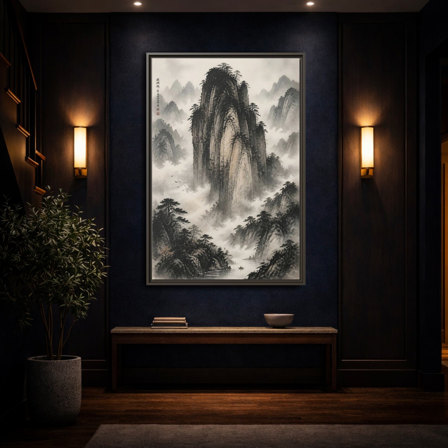Mockup 4. Nature Mountainscape Black White Mountains shown as stretched canvas wall art