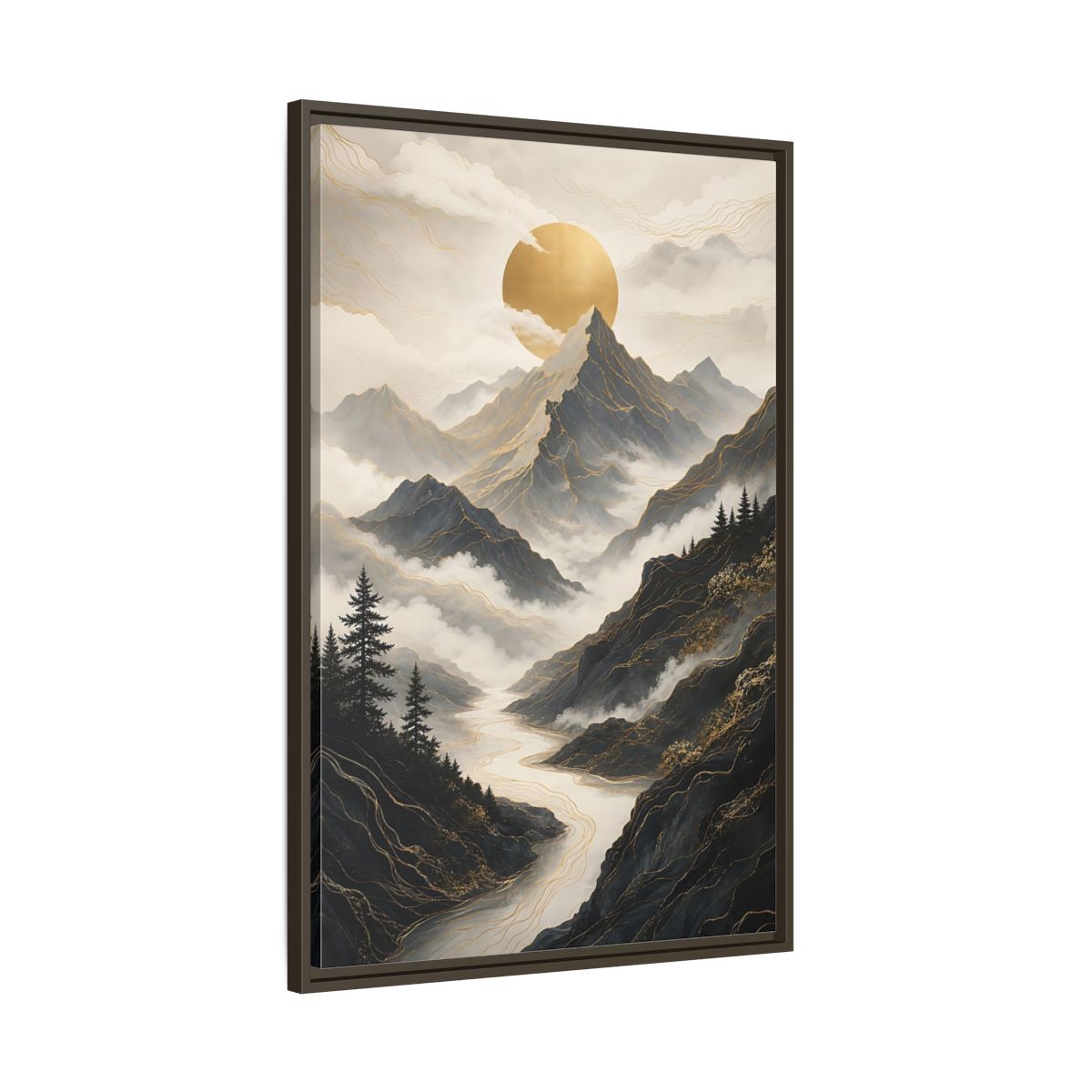 Nature Mountainscape Golden Mountain River Framed Canvas Wall Art - Living Room, Above Console Table shown as canvas wall art