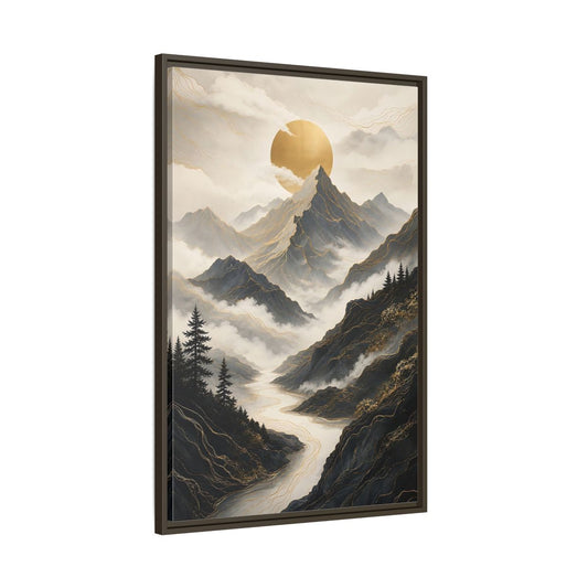 Main Mockup. Nature Mountainscape Golden Mountain River shown as stretched canvas wall art
