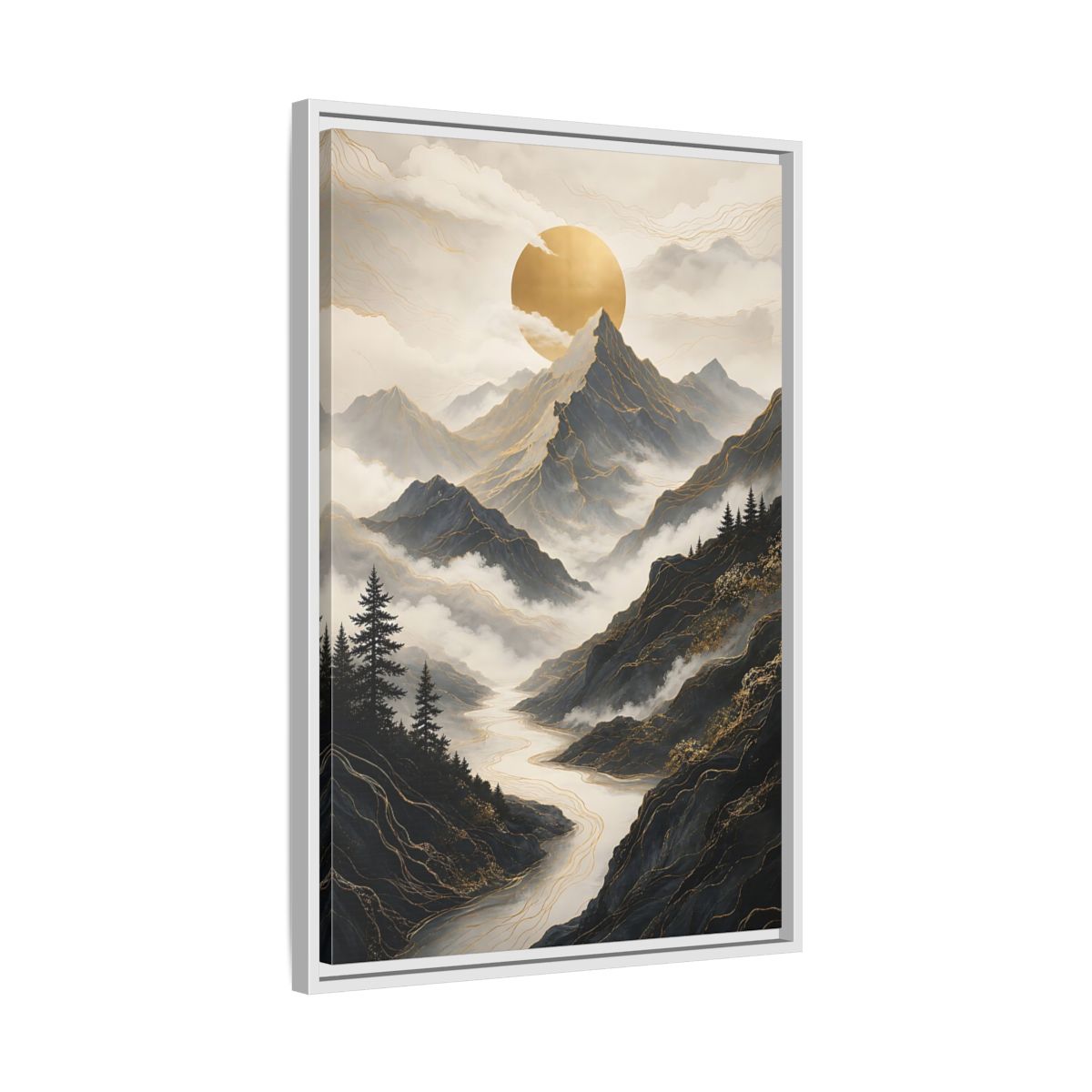 Nature Mountainscape Golden Mountain River Framed Canvas Wall Art - Living Room, Above Console Table shown as canvas wall art