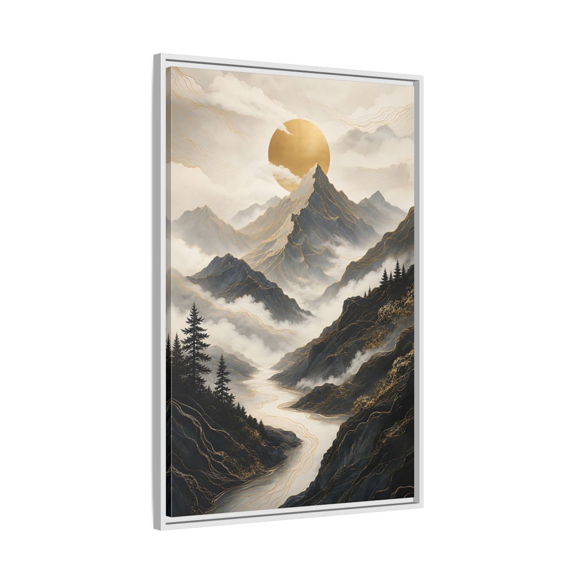 Nature Mountainscape Golden Mountain River Framed Canvas Wall Art - Living Room, Above Console Table shown as canvas wall art