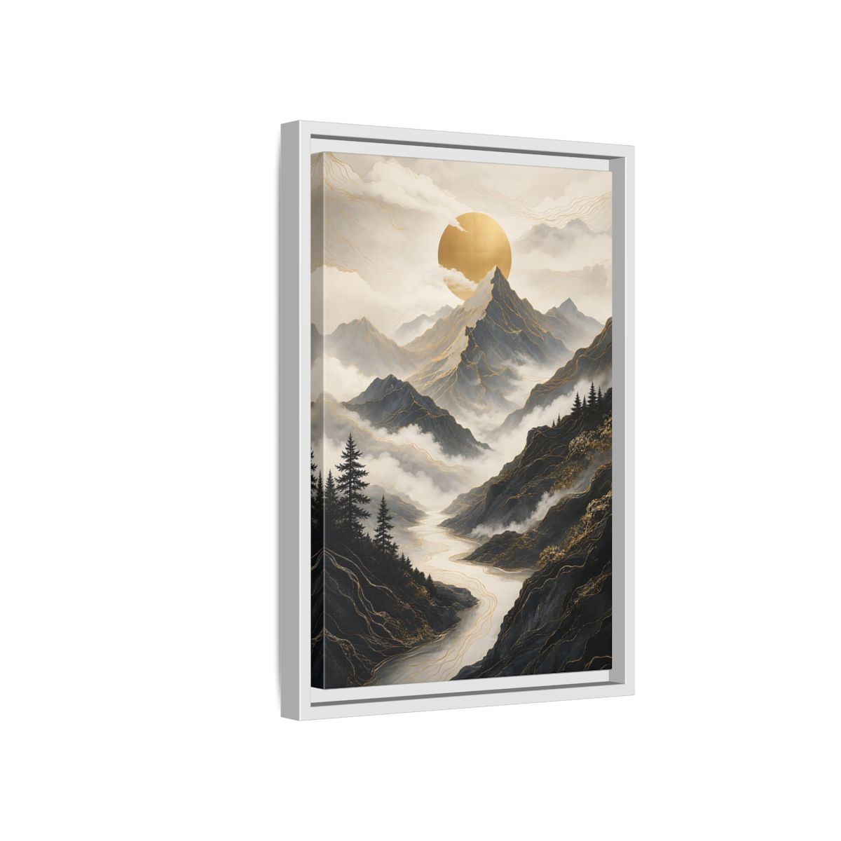 Nature Mountainscape Golden Mountain River Framed Canvas Wall Art - Living Room, Above Console Table shown as canvas wall art