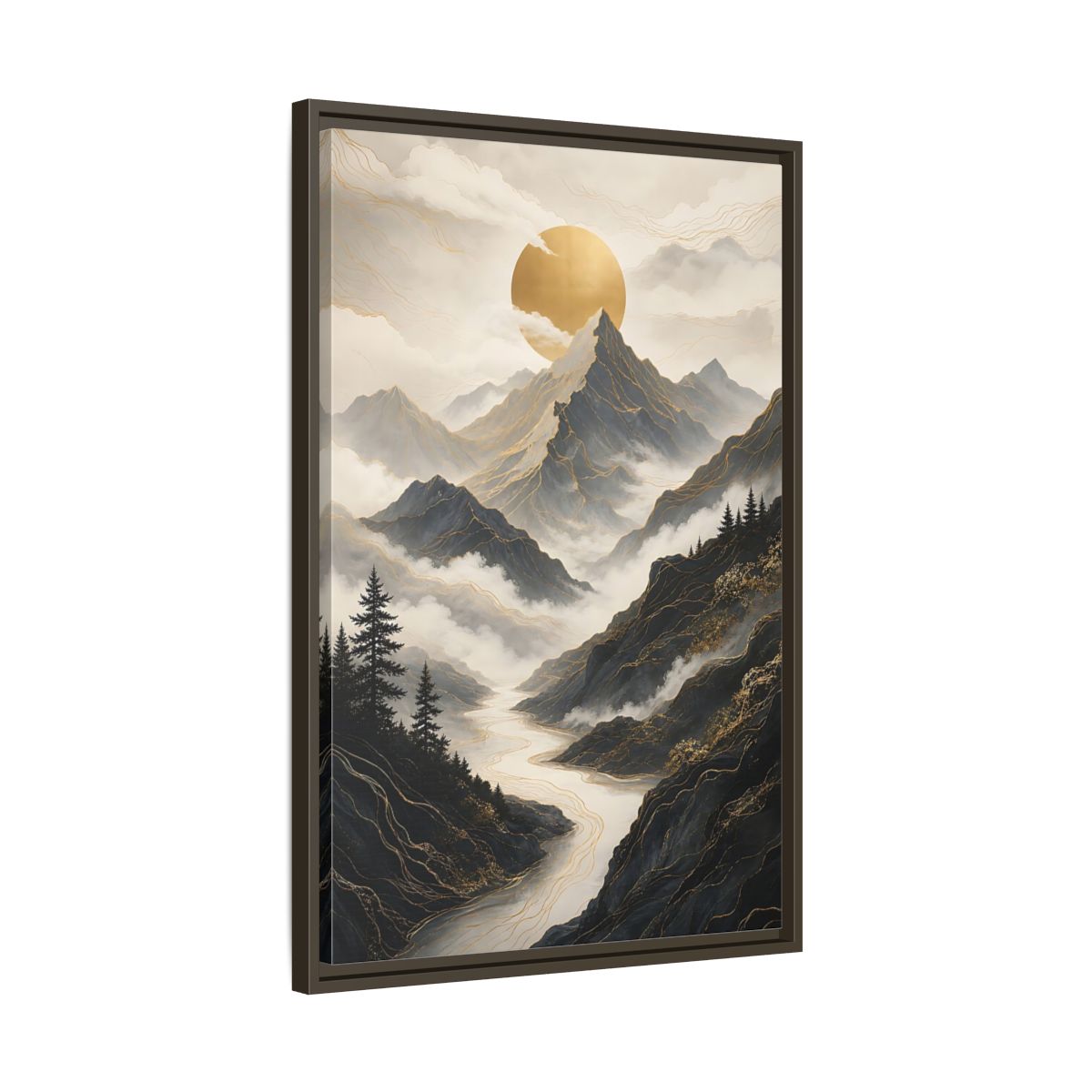 Nature Mountainscape Golden Mountain River Framed Canvas Wall Art - Living Room, Above Console Table shown as canvas wall art