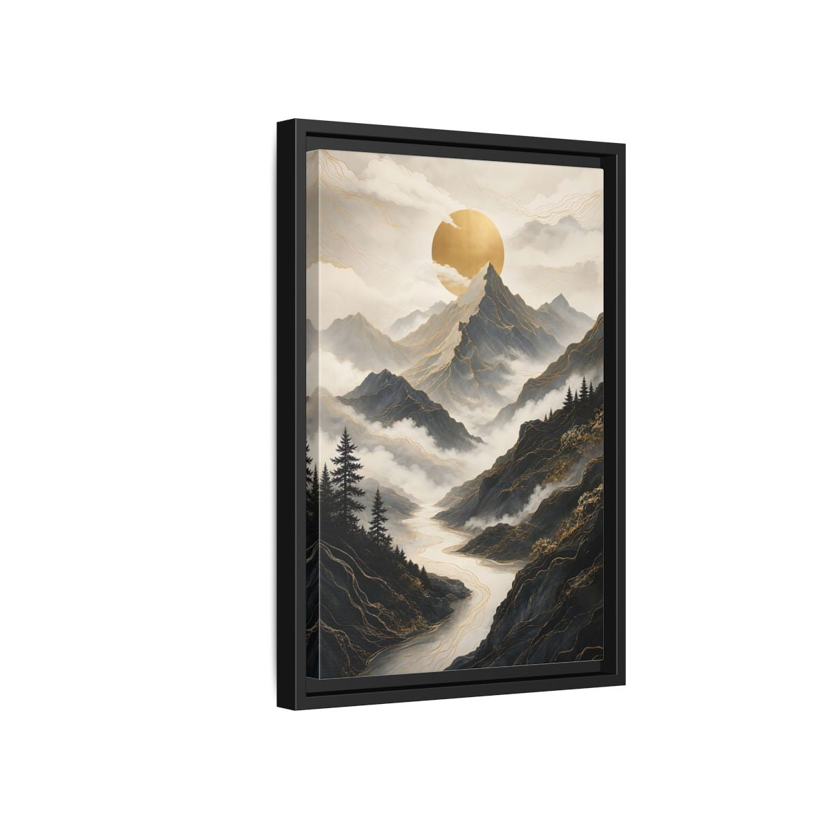 Nature Mountainscape Golden Mountain River Framed Canvas Wall Art - Living Room, Above Console Table shown as canvas wall art