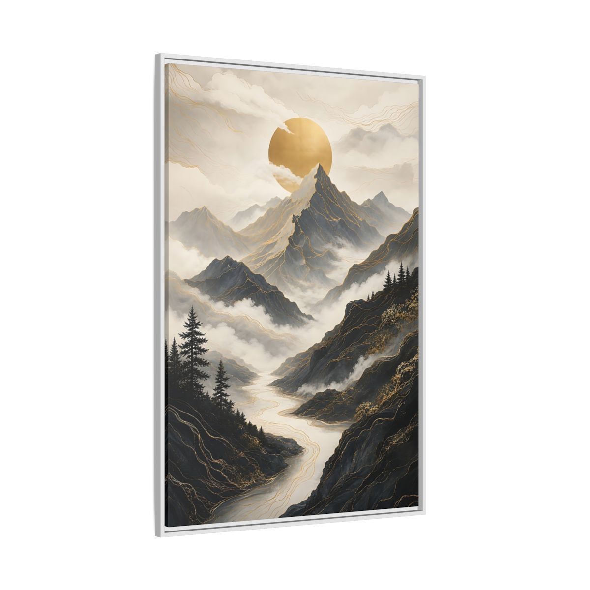 Nature Mountainscape Golden Mountain River Framed Canvas Wall Art - Living Room, Above Console Table shown as canvas wall art
