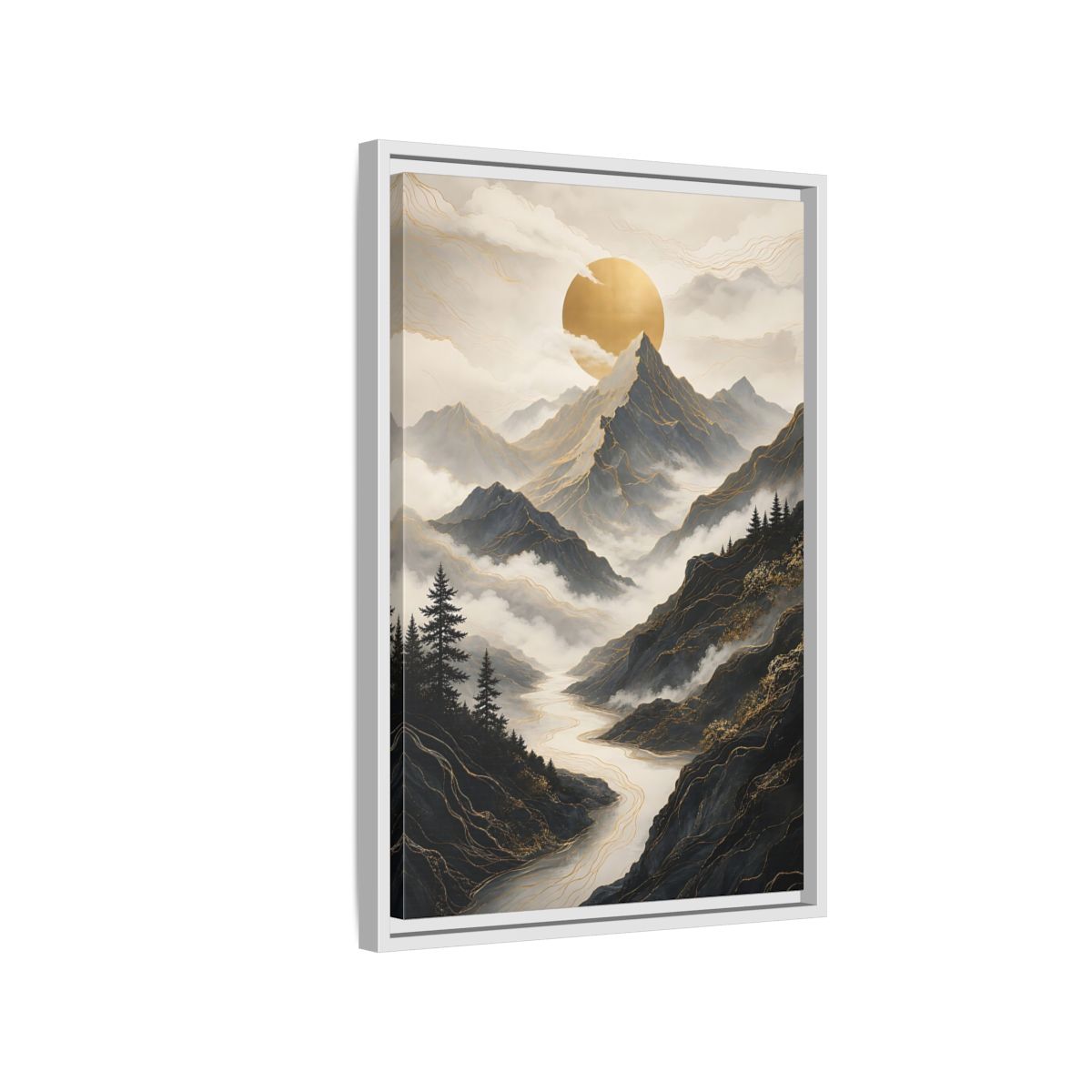 Nature Mountainscape Golden Mountain River Framed Canvas Wall Art - Living Room, Above Console Table shown as canvas wall art