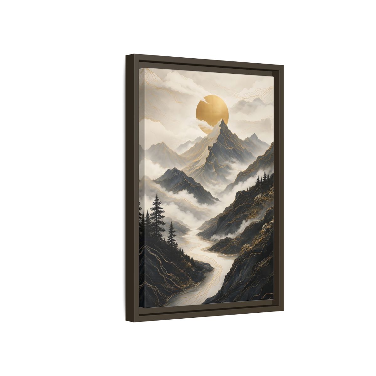 Nature Mountainscape Golden Mountain River Framed Canvas Wall Art - Living Room, Above Console Table shown as canvas wall art