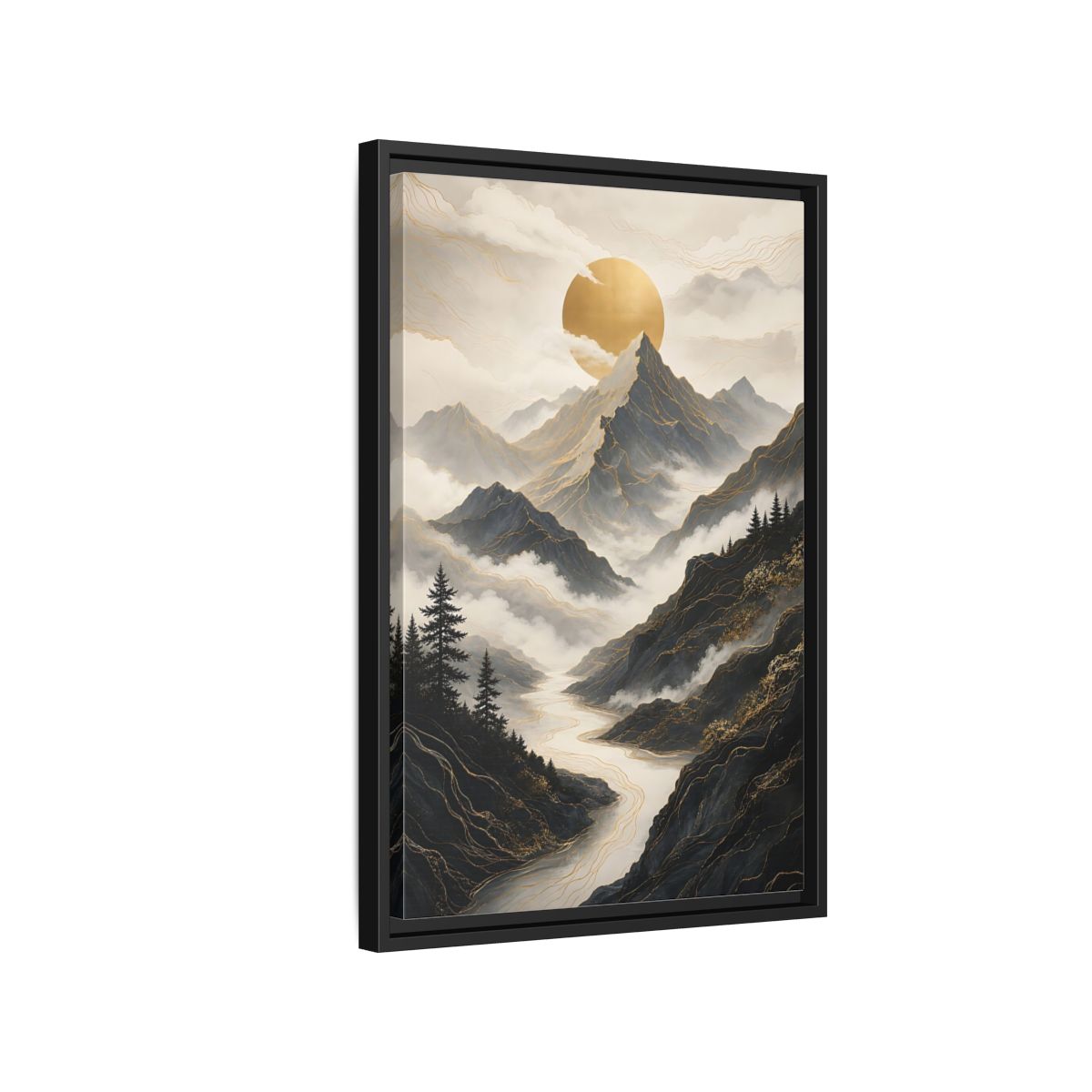 Nature Mountainscape Golden Mountain River Framed Canvas Wall Art - Living Room, Above Console Table shown as canvas wall art