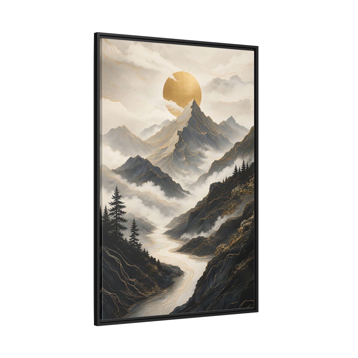 Nature Mountainscape Golden Mountain River Framed Canvas Wall Art - Living Room, Above Console Table shown as canvas wall art