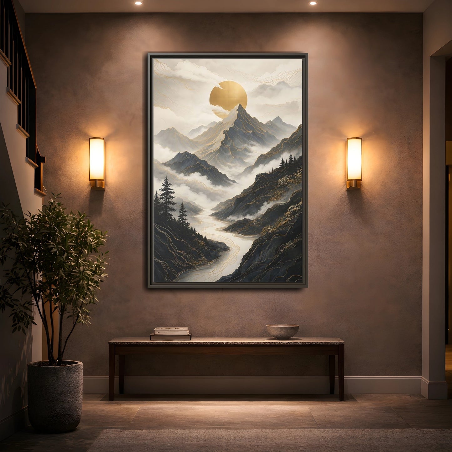 Nature Mountainscape Golden Mountain River Framed Canvas Wall Art - Living Room, Above Console Table shown as canvas wall art
