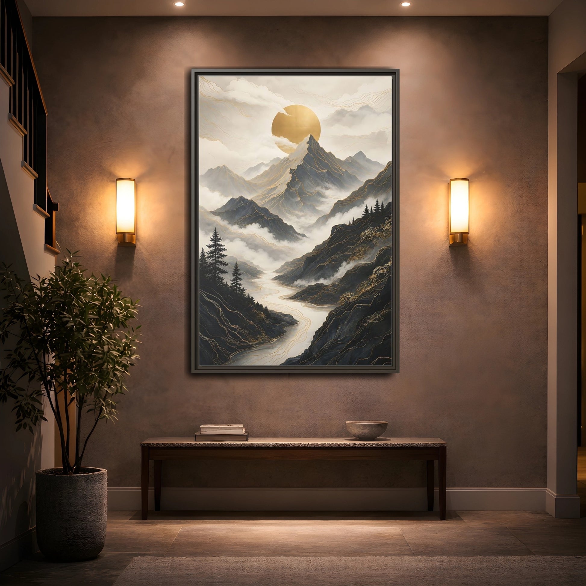 Nature Mountainscape Golden Mountain River Framed Canvas Wall Art - Living Room, Above Console Table shown as canvas wall art