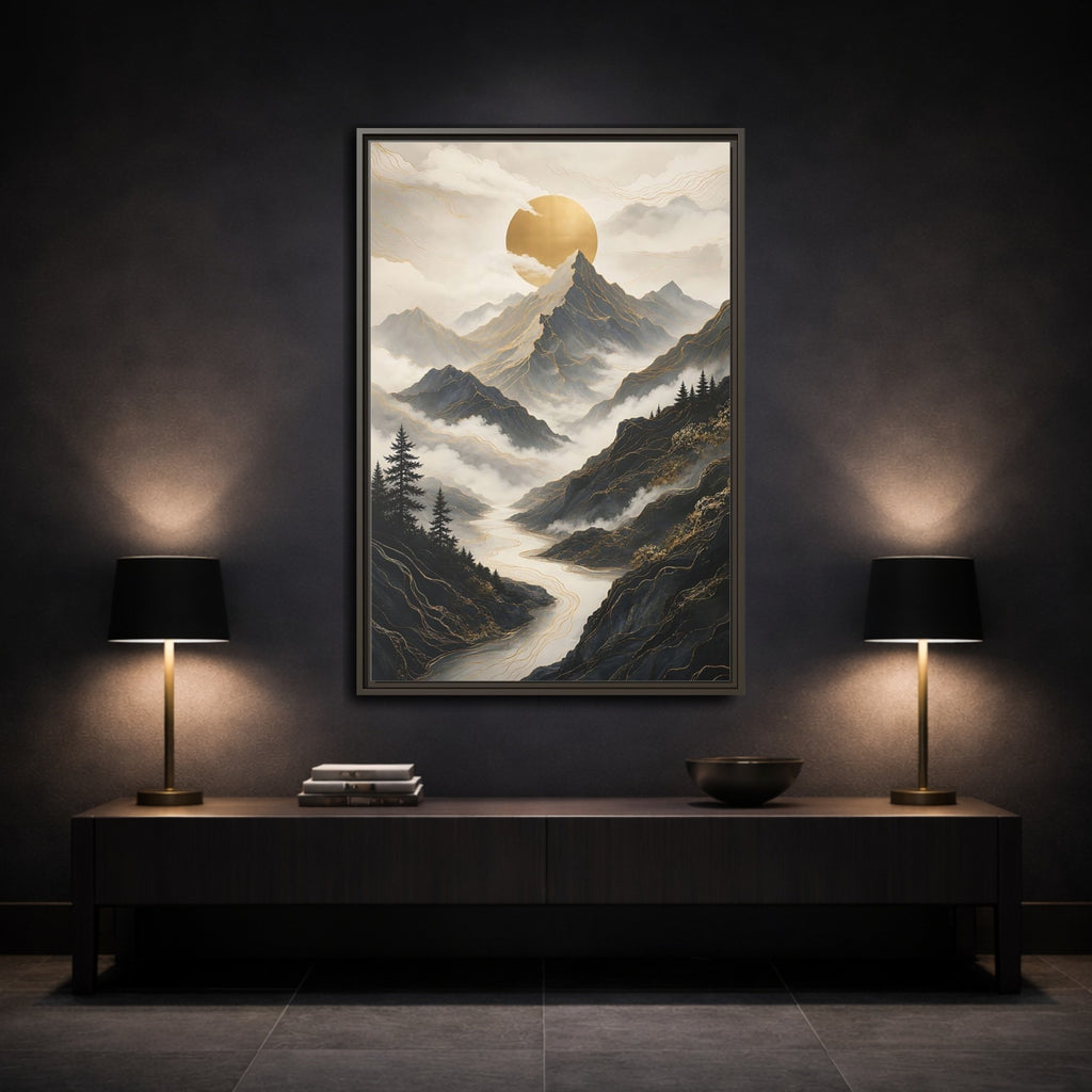 Mockup 3. Nature Mountainscape Golden Mountain River shown as stretched canvas wall art