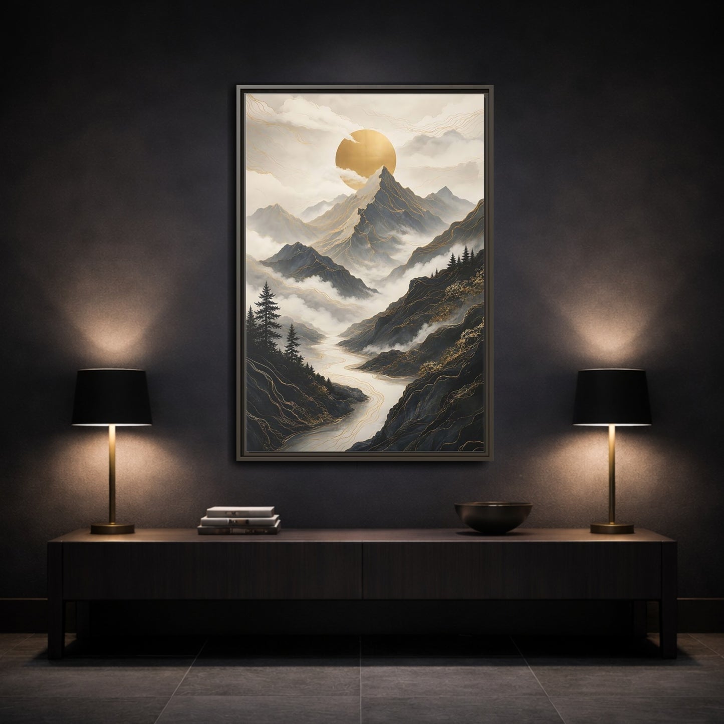 Nature Mountainscape Golden Mountain River Framed Canvas Wall Art - Living Room, Above Console Table shown as canvas wall art
