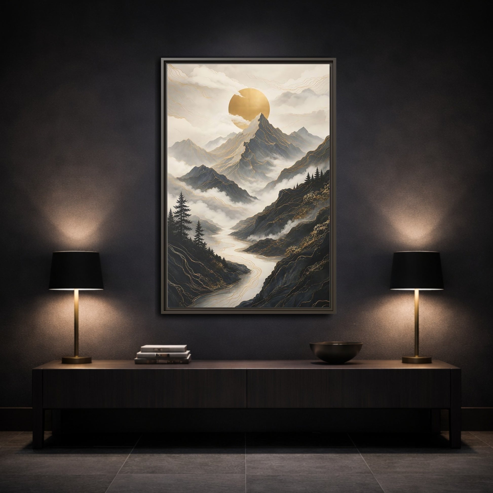 Nature Mountainscape Golden Mountain River Framed Canvas Wall Art - Living Room, Above Console Table shown as canvas wall art