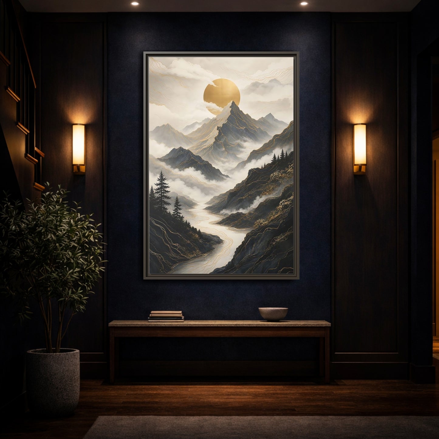 Nature Mountainscape Golden Mountain River Framed Canvas Wall Art - Living Room, Above Console Table shown as canvas wall art