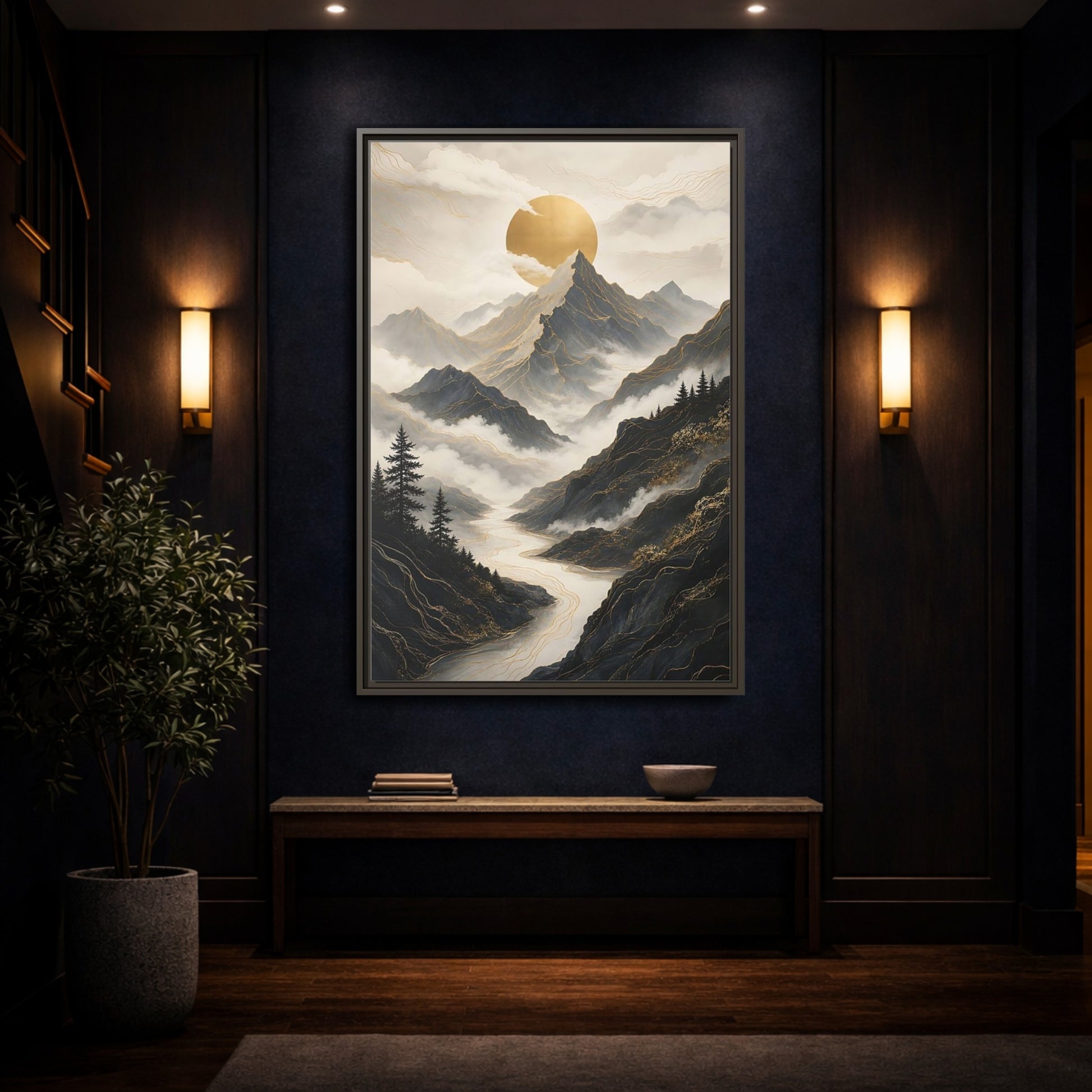 Nature Mountainscape Golden Mountain River Framed Canvas Wall Art - Living Room, Above Console Table shown as canvas wall art