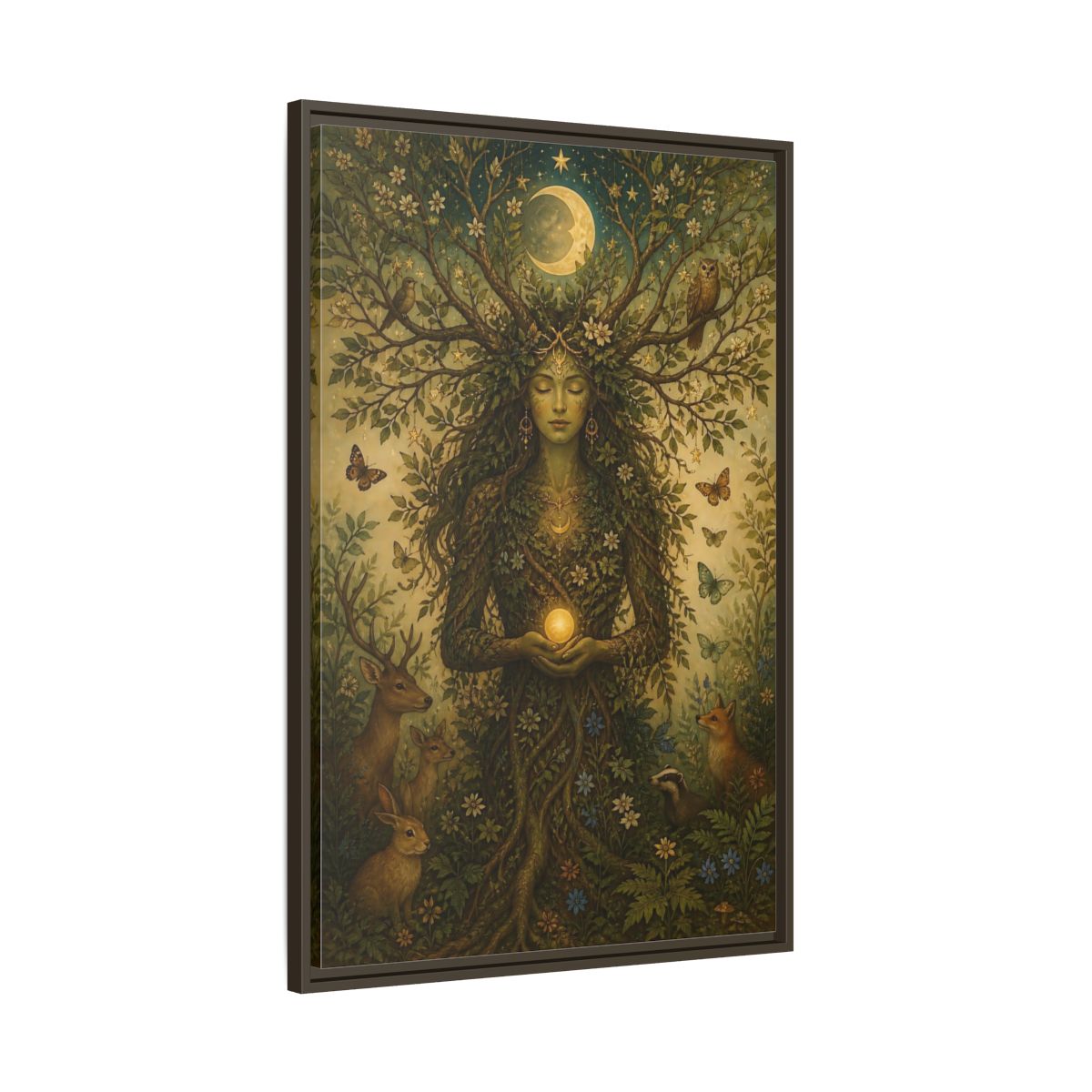 Main Mockup. Nature Nature Goddess Green And Gold shown as stretched canvas wall art