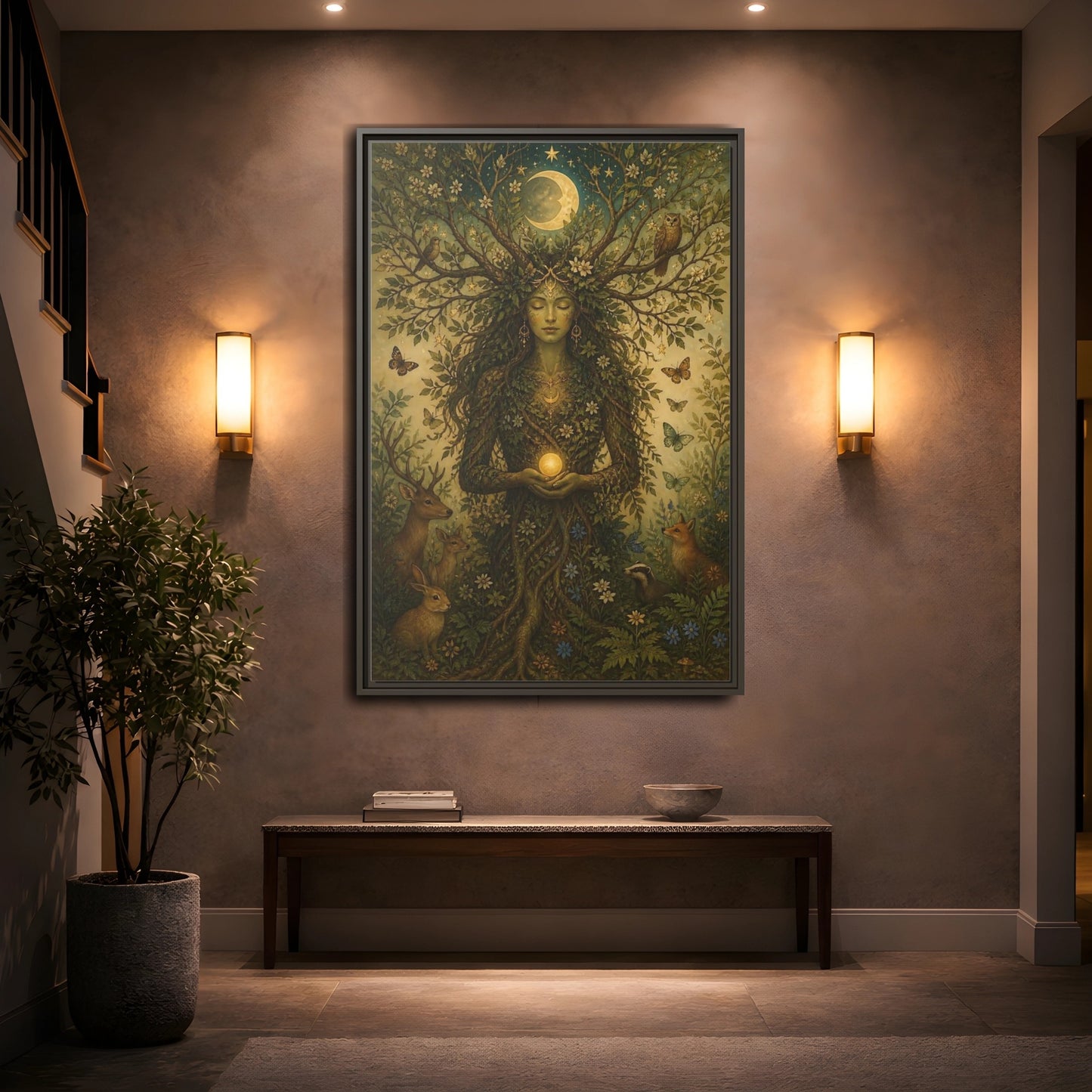 Mockup 2. Nature Nature Goddess Green And Gold shown as stretched canvas wall art